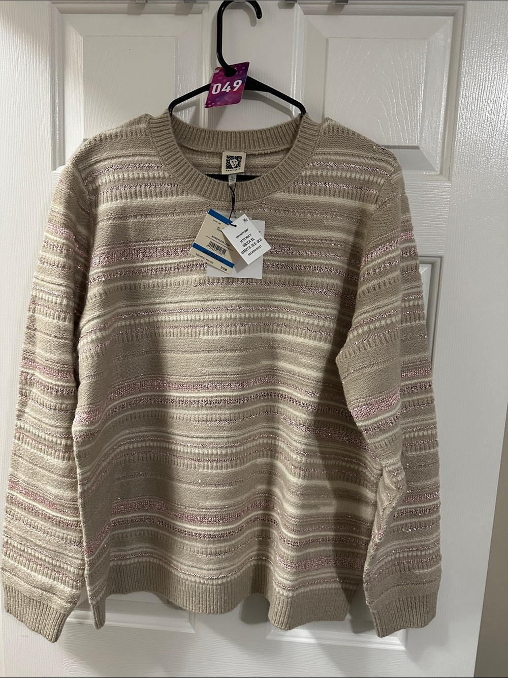 Anne Klein Beige Sweater with Pink and Cream Stripes